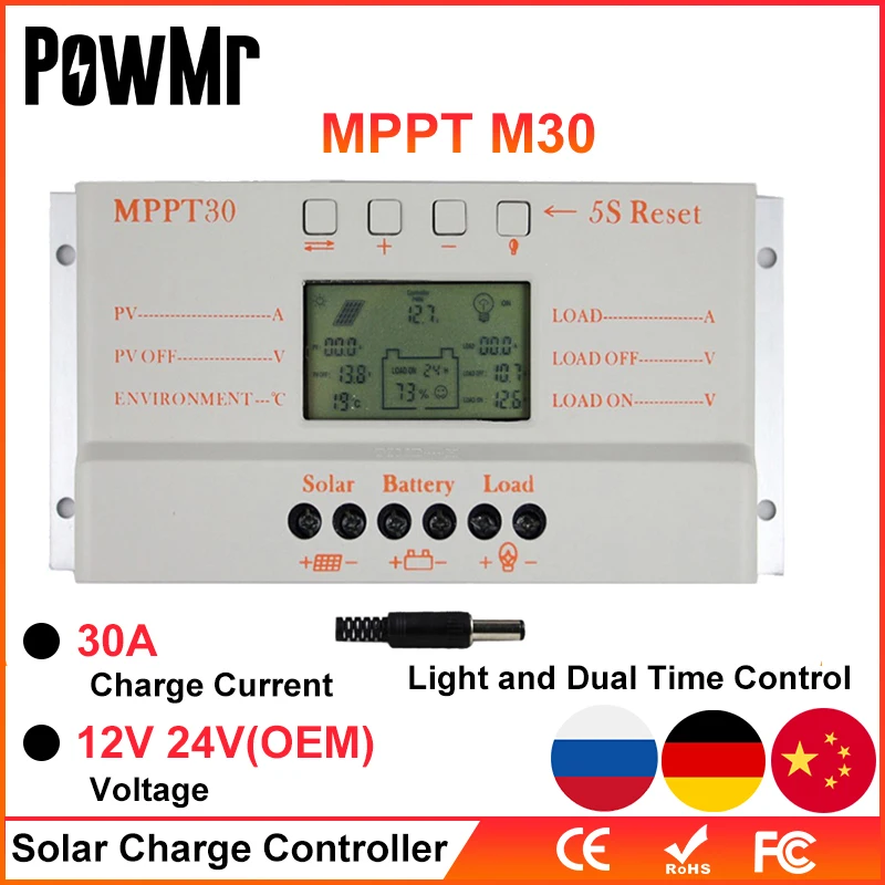 

MPPT 30A Solar Charge Controller 5V USB Output 12V 24V Auto Solar Panel Controller LCD Display PV Home Battery Charger Regulator