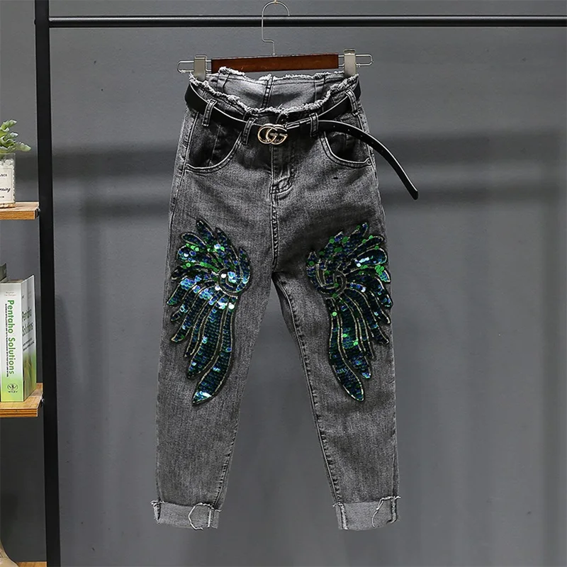 

Женские джинсы с блестками, зеленые свободные прямые джинсовые брюки с высокой талией, повседневные брюки-карго до щиколотки, весна-лето 2021