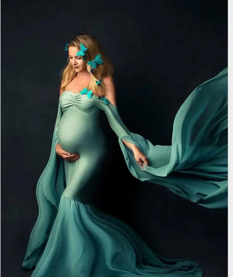 

Maternity Dresses Long Pregnancy Photography Dress Maternity chiffon dress with One word collar For Pregnant Women Photo Shoot