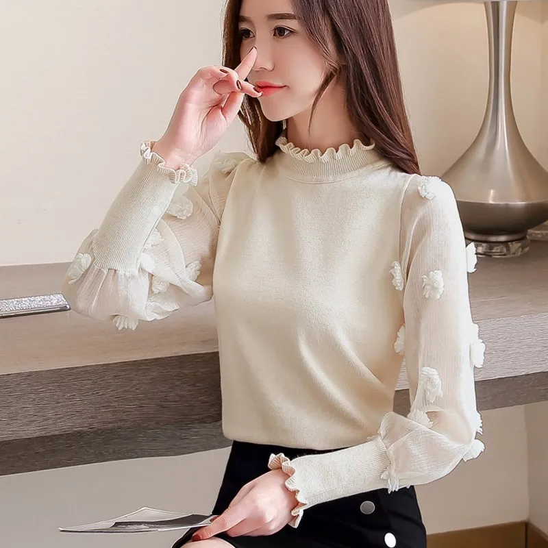 Женский черный лоскутный сексуальный свитер с круглым вырезом кружевной