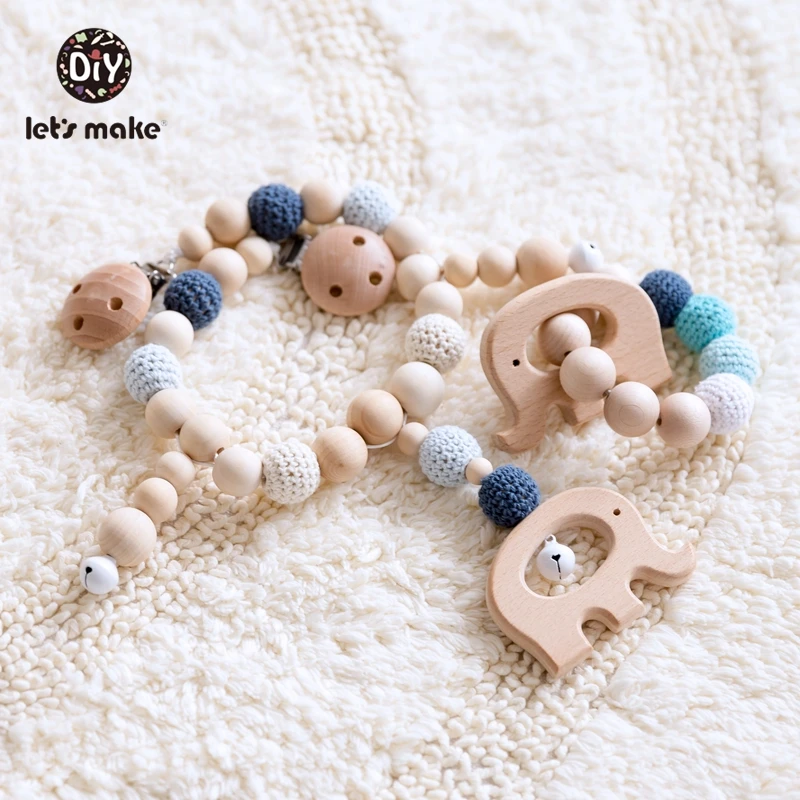 Let's Make 20pcs Wooden Teethers Beech Wood Animal Natrual Wholesale DIY Bracelet Chain Accessories New Born BPA Free Elephant