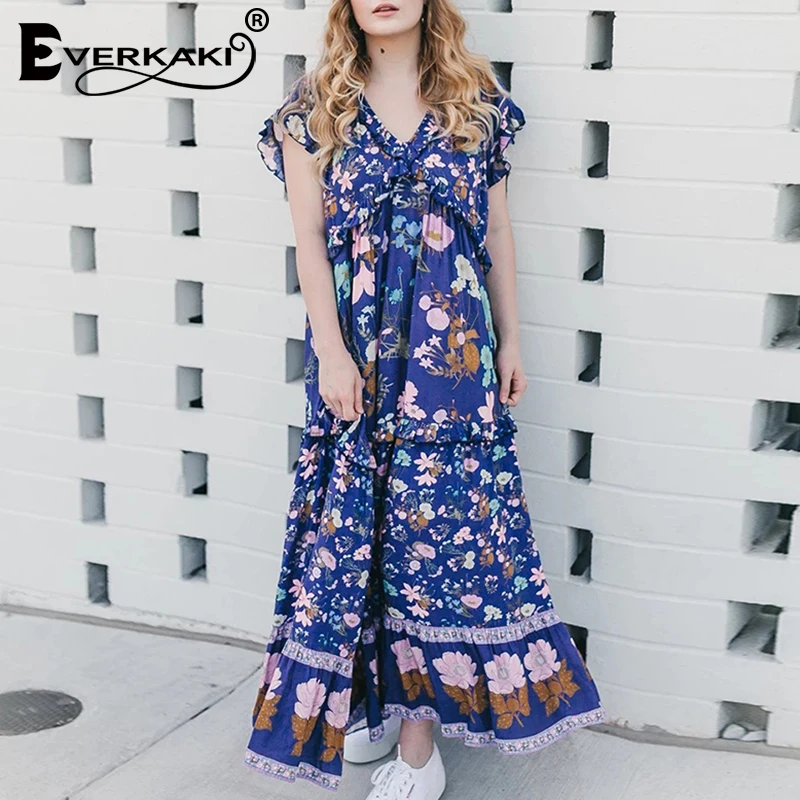 Everkaki винтажное шикарное женское платье с цветочным принтом и коротким рукавом, богемное хлопковое платье макси из вискозы, женское платье с v-образным вырезом и оборками, свободное платье в стиле бохо