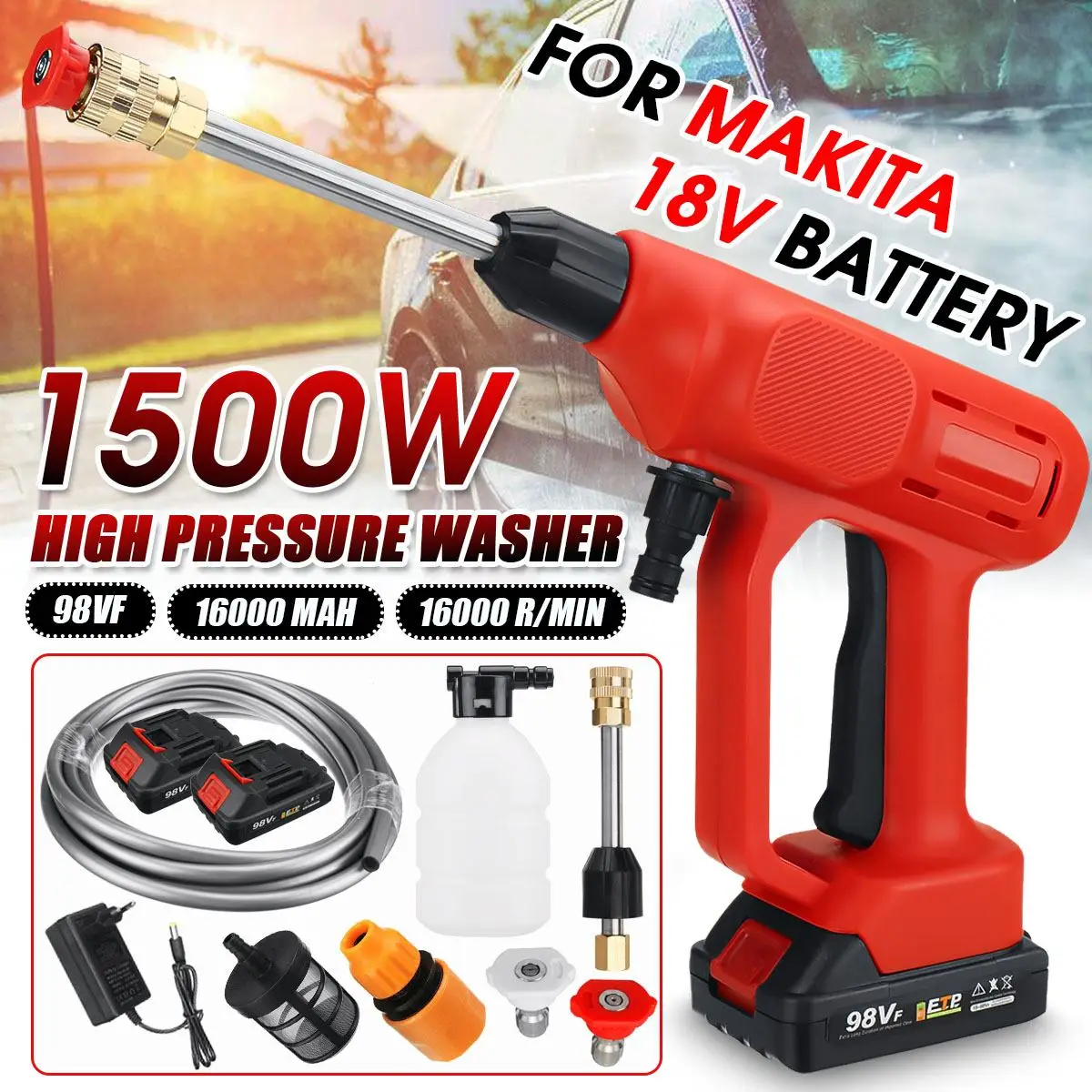 

1500W 98VF High Pressure Cordless Car Washer Spray Water Gun 16000mAh Battery Cleaner Machine For Makita 18V Battery EU Plug