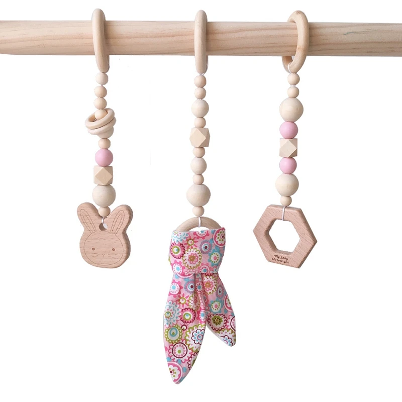

3Pcs/Set Baby Teether Play Gym Toy Bunny Shape Wooden Rings Pendant Pram Hanging Rattles Toy Chain Hanging Teether Toy Stroller