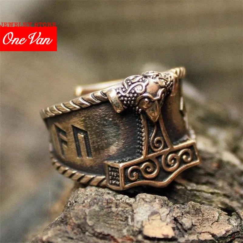 

2020 new Viking lucky Rune MJOLNIR stainless steel silver thunderhammer Nordic ring men's Rune men's jewelry