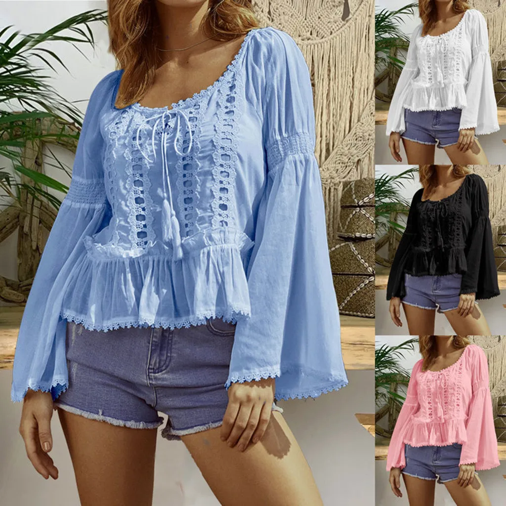 

CHAMSGEND 2019 new autumn chiffon blouse women Ladies Lace Shirts Solid Long Sleeve Hollow Out Tops Tops Casual Shirts Blusas #