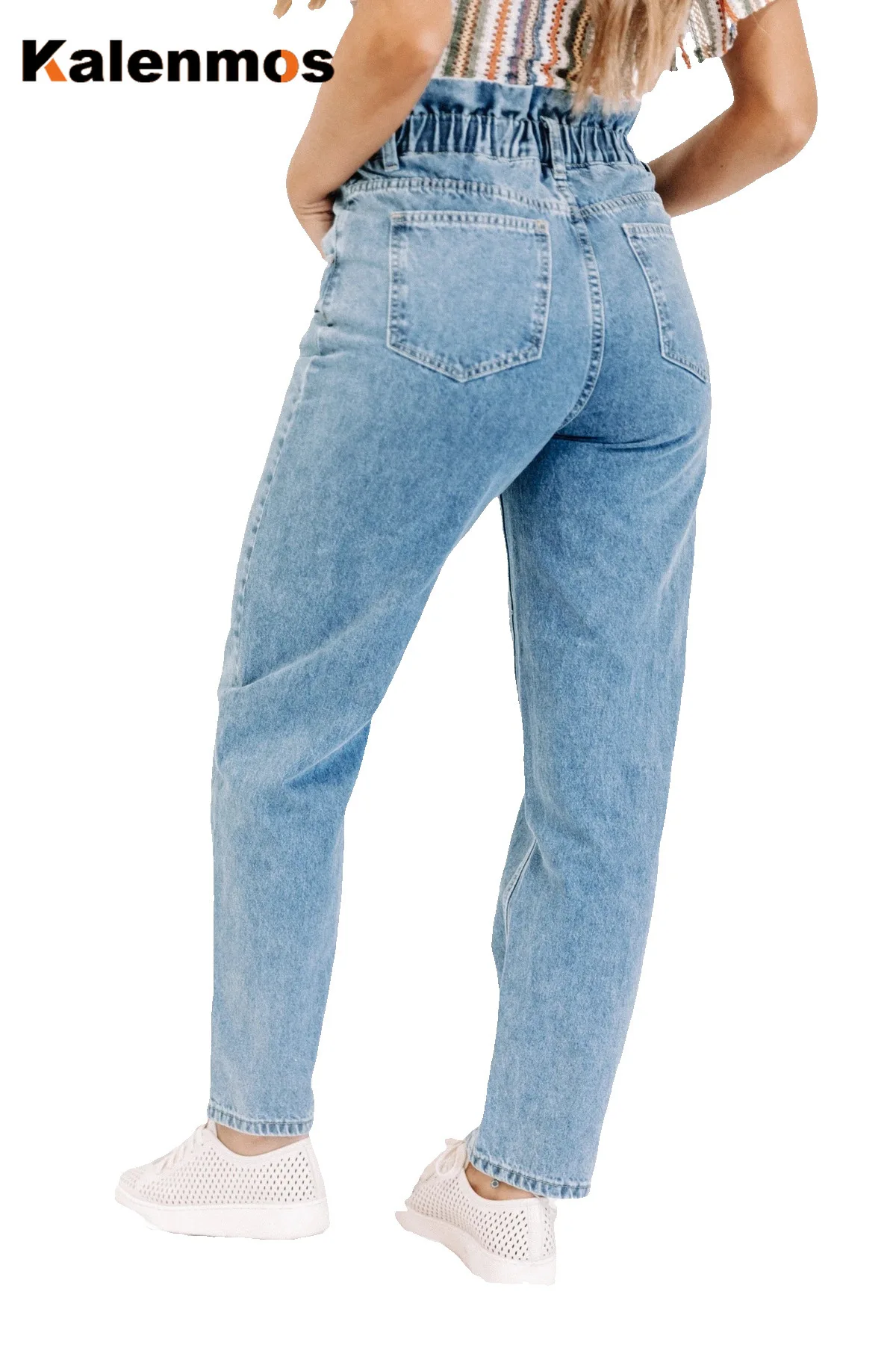 

Denim Pants Women Vintage High Waist Washed Jeans Pocket KALENMONS Bleached Summer Casual Trousers Punk Baggy Work Sexy Jean