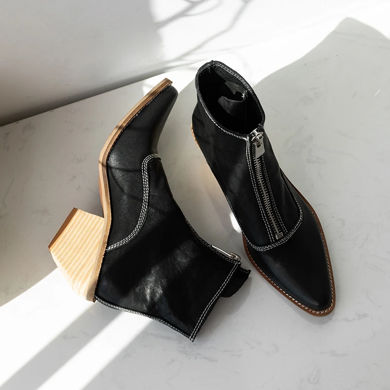 

Leather Boots Women Genuine Pointed Toe Mid Heel Ankle Boots Thick Square Heel Slip on Western Boots Cowboy Boots Women 2019 New