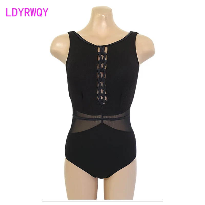 

LDYRWQY 2021 new one-piece sexy leaky black mesh stitching round neck Korean style gathered slim bikini swimsuit