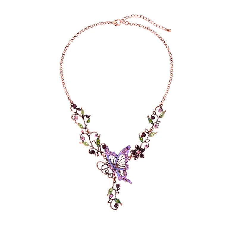 Fashion Necklace Jewelry Vintage Style Unique Crystal Enamel Butterfly Flowers Statement Earing For Women Set | Украшения и
