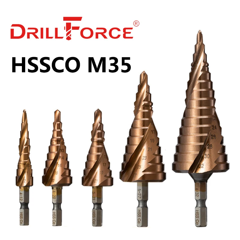 Drillforce M35 5% Cobalt Step Drill Bit HSSCO Cone Metal Tool Hole Cutter 3-12/3-14/4-12/4-20/4-22/4-25/4-32/5-21/5-27/6-24mm |