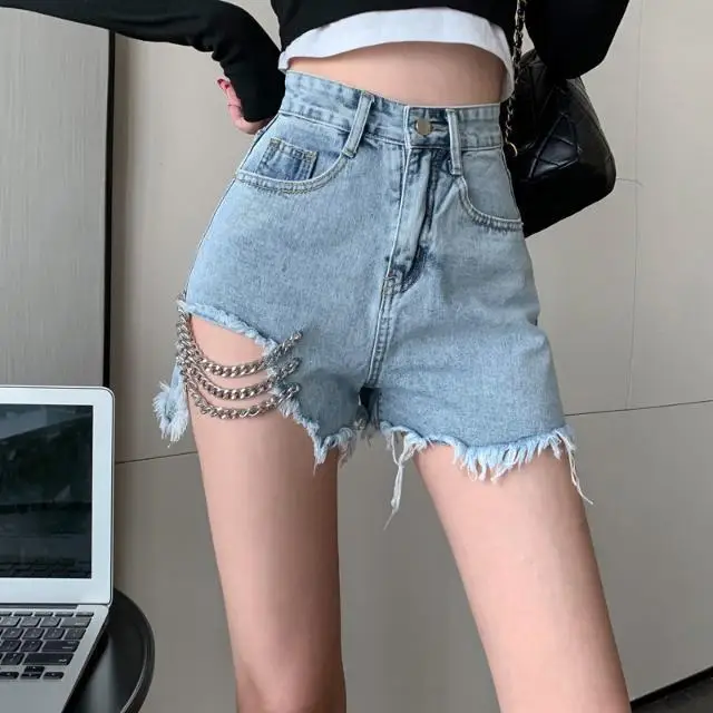 High waist denim shorts women's summer 2021 new loose Korean  retro raw edge hanging chain a word wide leg hot pants trend