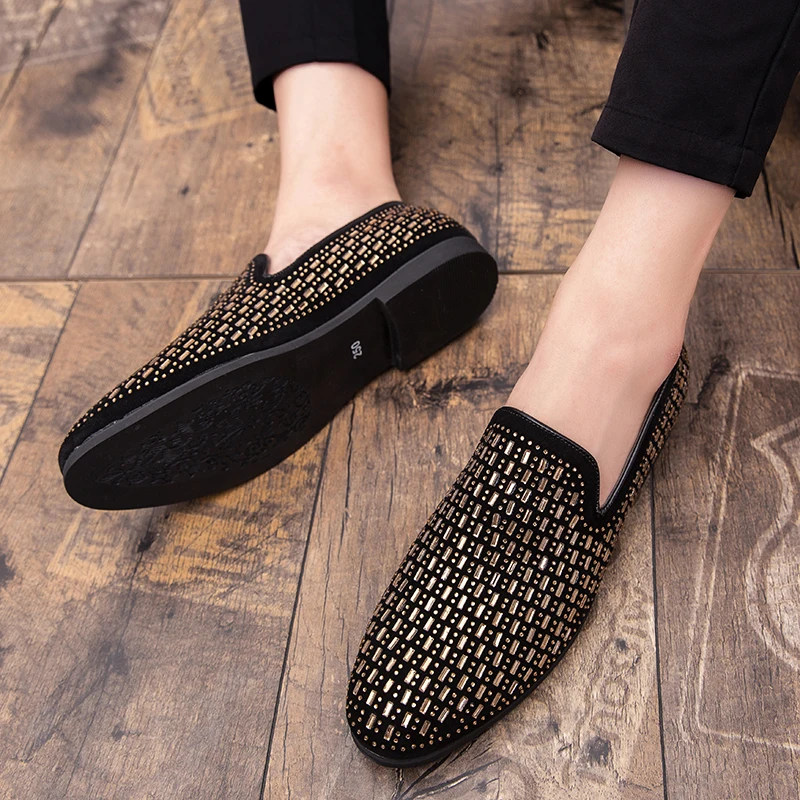 Brand Black Rhinestone Men Dress Shoes Velvet Crystal Luxury Moccasins Men's Loafers Office Business Party Flats Zapatos Hombre | Обувь