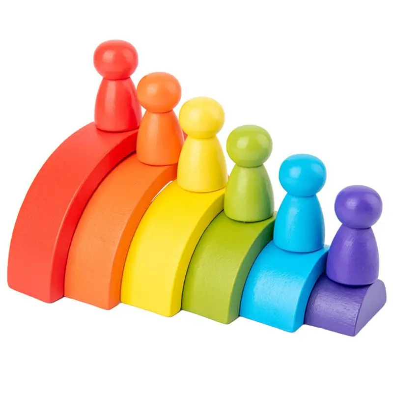 

Wooden Rainbow Bridge and Rainbow Figure Set Montessori Educational Toys Building Block for Kids Baby