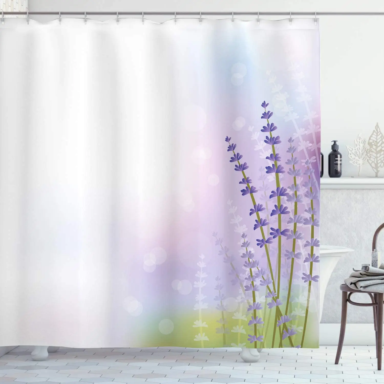 

Lavender Shower Curtain Nature Inspired Abstract Backdrop with Gentle Pastel Lavender Stems Bathroom Decor Set with Hooks 70"