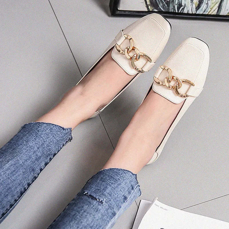 

SNURULAN Women Shoes Ballet Flats Leather Loafers Casual Woman Shoes Square Toe Slip-On Spring / Autumn New Large Size 34-43