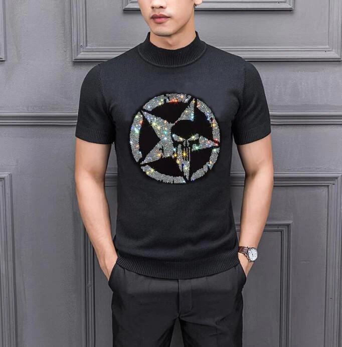 

Fashion Brand Men's 100% Cotton Short Sleeves sweaters Male Rhinestones Tops