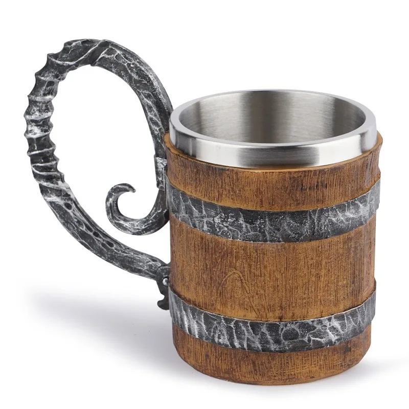 

Oak Barrel Beer Mug Stainless Steel Imitation Iron Handle Mug Personality Big Water Glass Coffee Mug Mug