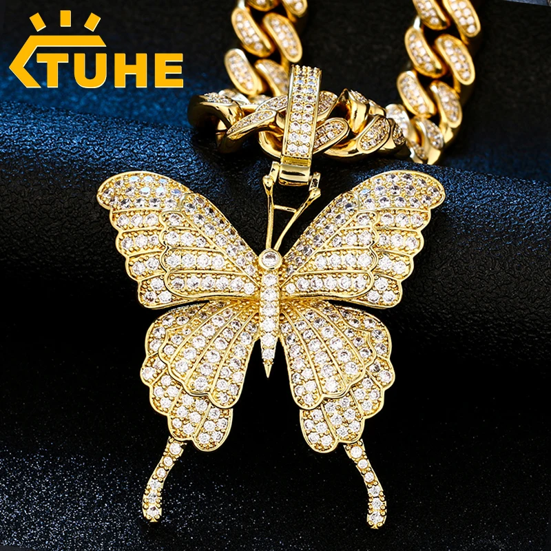 

Animal Butterfly Necklace Pendant 10mm Cuban Chain Cubic Women Hip Hop Rock Jewelry Pink Silver Color Tennis Chains