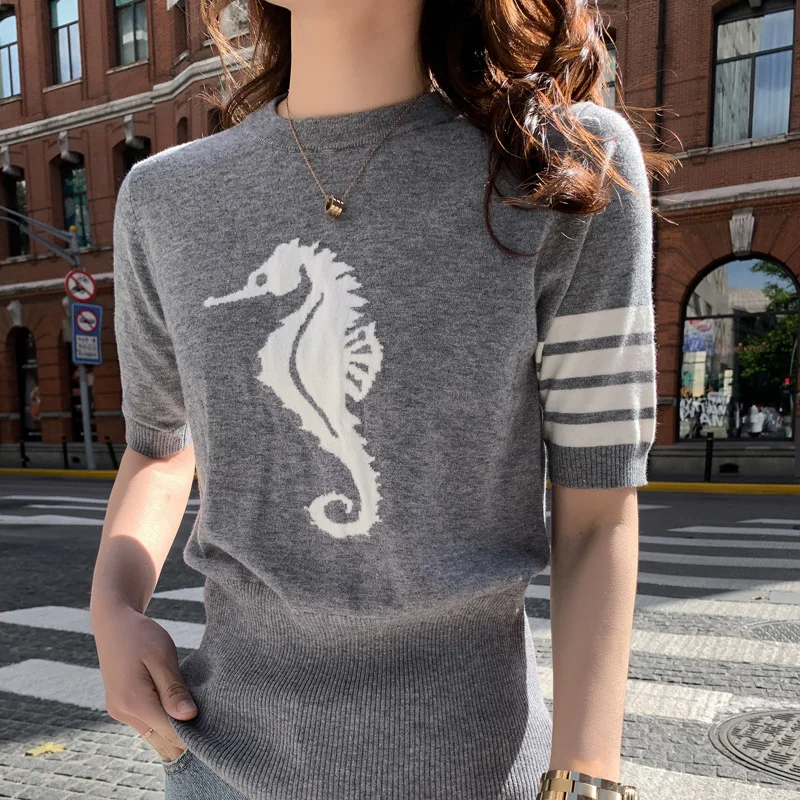 

2021 new spring and summer TB women's round neck cashmere T-shirt star same 5-sleeve cashmere sweater Pullover short sleeve