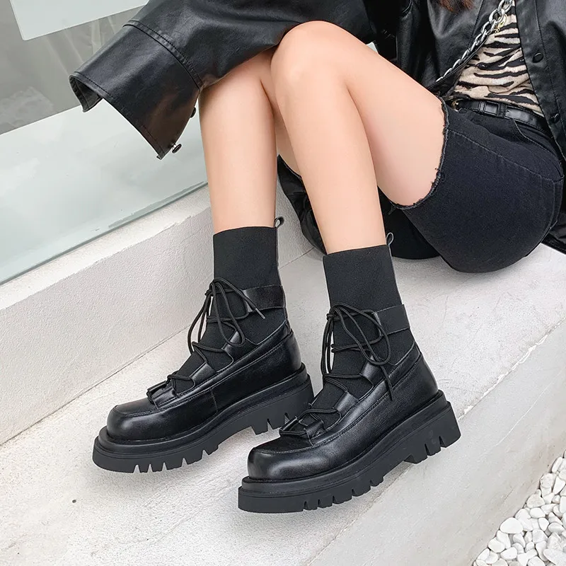 

Asumer 2020 top quality genuine leather +stretch knitting ankle boots women comfortable flat platform boots ladies shoes