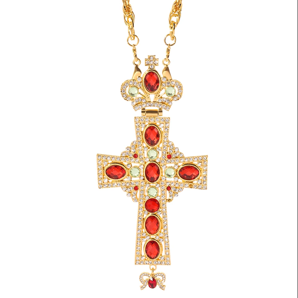 Church Orthodox Jewelry Cross Necklace Religious Alloy Crafts Cross with Crystal Long Chain