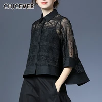 chicever elegant shirts for women lapel three quarter sleeve patchwork embroidery solid blouses female 2021 spring clothing