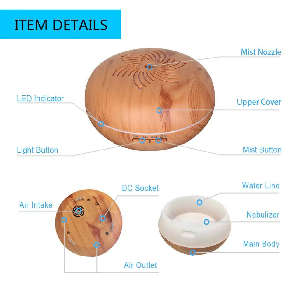 Увлажнитель-Ароматизатор воздуха ультразвуковой деревянный с пультом ДУ 550 мл |