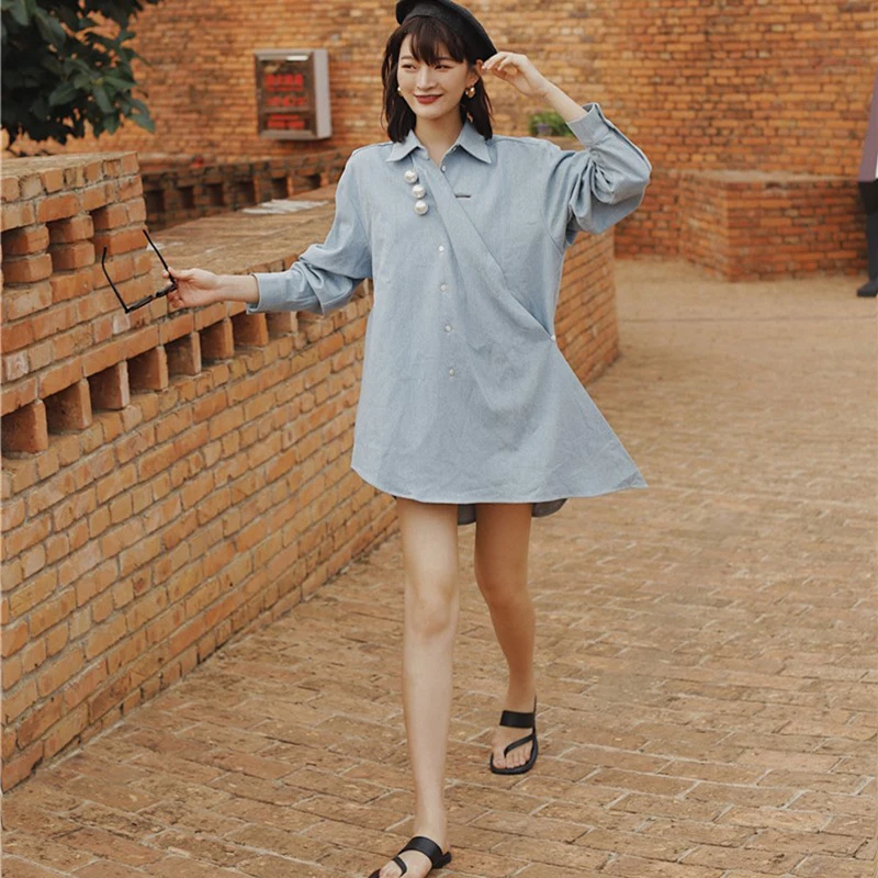 GALCAUR Asymmetrical Patchwork pearl Women's Shirts Lapel Collar Long Sleeve Blouse Female Autumn Oversize Fashion New