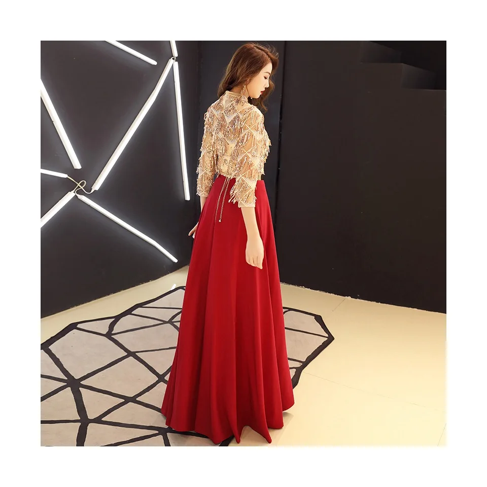 

Bling Sequinse Women Slim Banquet Dresses Luxury Hight Collar Formal Party Gown Host Evening Dress Floor-Length Satin Skirt