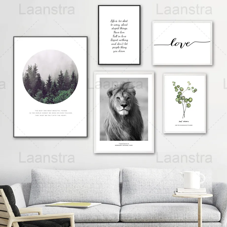 

Lion Animal Home Decoration Painting Leaves Simple Black and White Text Living Room Wall Canvas Art Poster Print Study Room