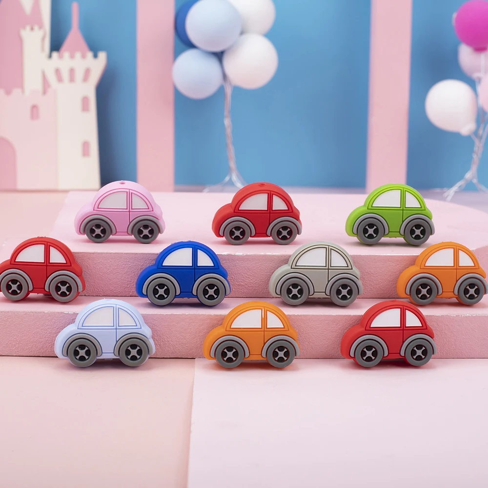 

Sunrony 10Pcs Cartoon Car Silicone Beads Baby Teeth Care Teether Pacifier Chain Accessories Molar Ring Toy BPA Free
