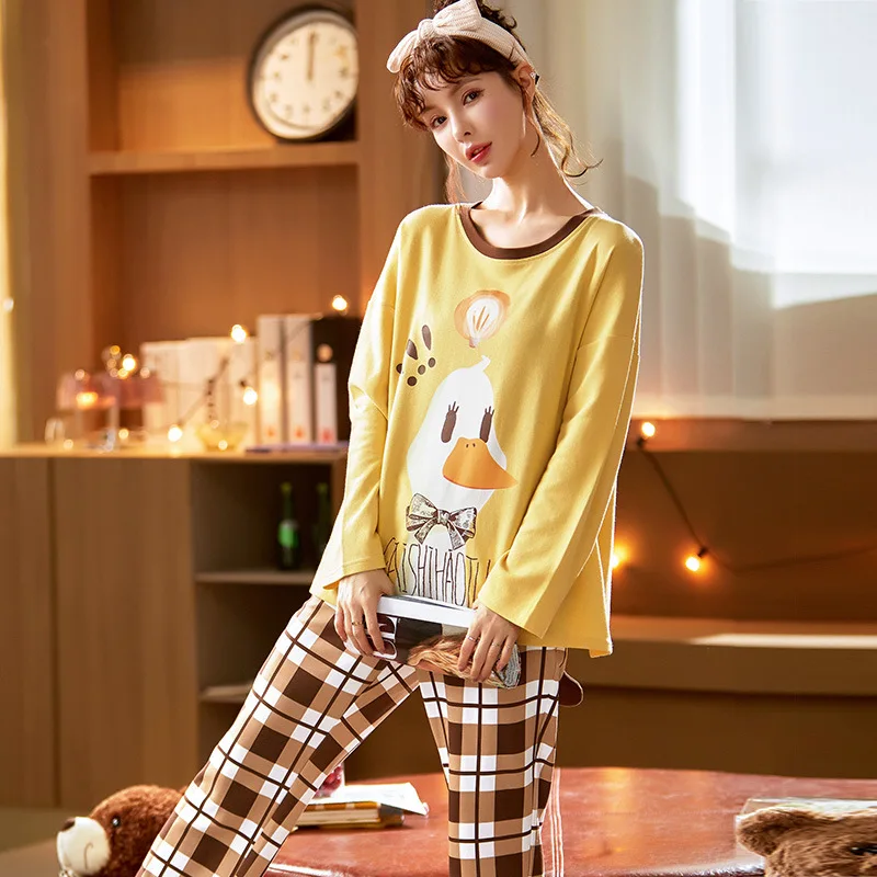 

Autumn New Sleep Wear Women Pajama Cute Big Duck Girl Home Set, Knitted Cotton Plaid Trousers Cartoon M-2XL Size Home Pajamas
