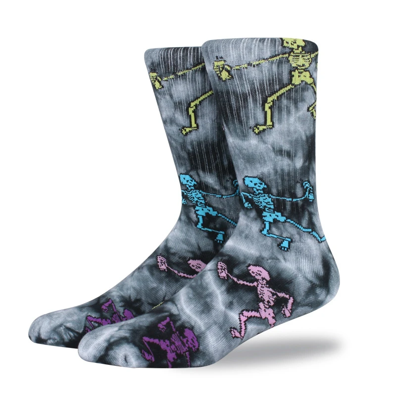 

1Pair Crew Socks Casual Socks Cotton Thick Cartoon Bones Designs Mid Length Street Socks Sports Pile Up Sweat Absorb Tie-dyed