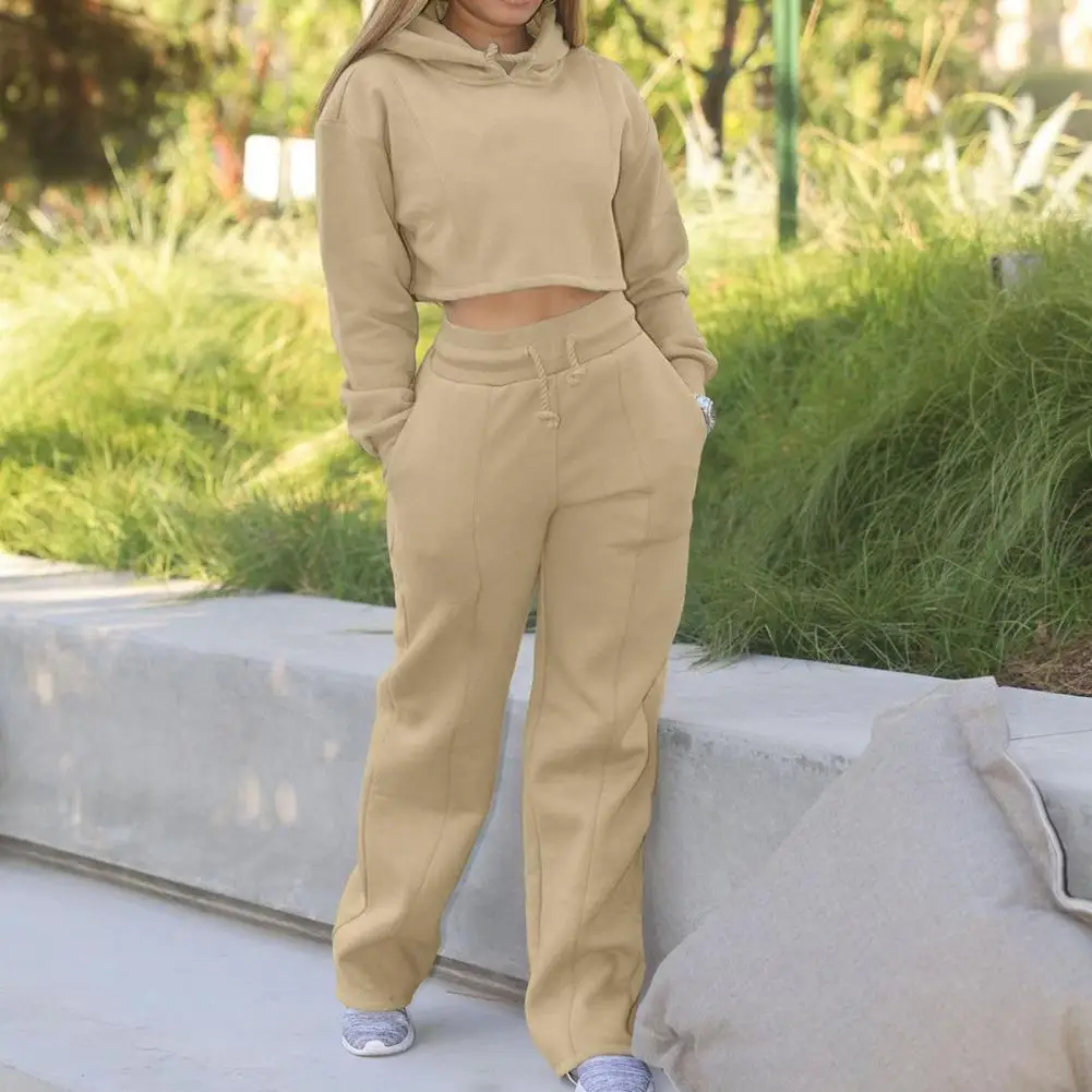

Casual Stylish Drawstring Crop Top Pants Hoodie Suit Wide Legs Hoodie Suit Drawstring for Autumn