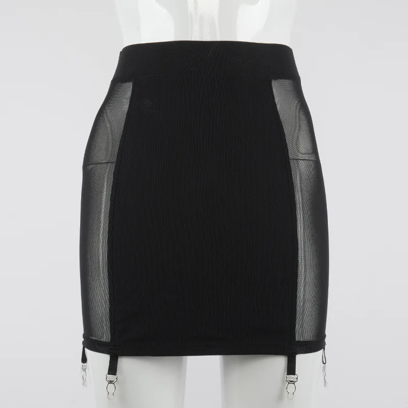 

Mesh Patchwork Bodycon Mini Skirts Women Sexy Fashion Streetwear 2021 Midnight Club Solid Black Party Skirt One Piece Clothes