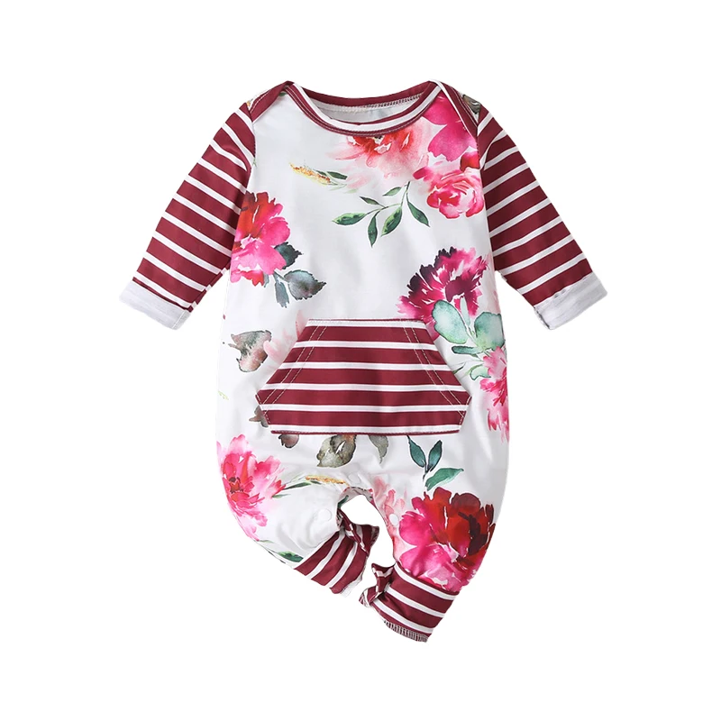 

2020 Newborn Baby Boys Girls Clothes Stripes Floral Long Sleeve Printed Spring Romper Kid Cotton One Piece Jumpsuit Playsuit