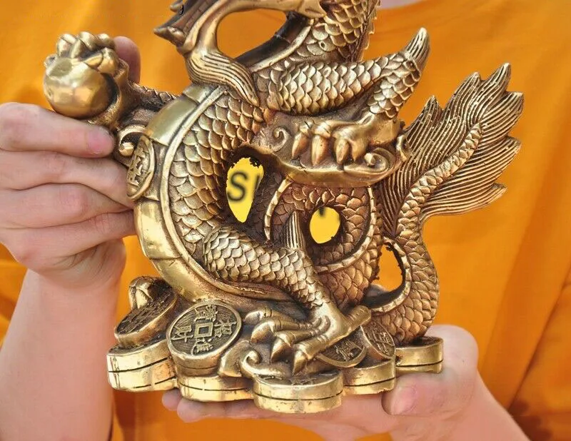 

wedding decoration 8.8" Chinese Feng Shui brass wealth coin Zodiac animal Dragon Loong statue