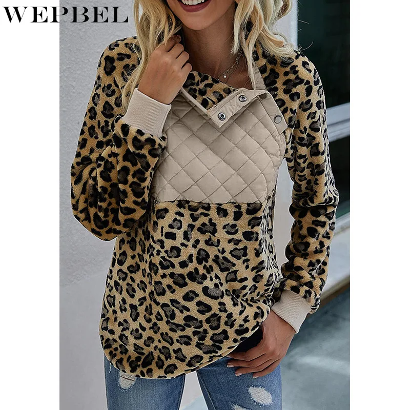 

WEPBEL Women's Leopard Camouflage Printed Stitching Sweatshirts Spring Long Sleeve Button Pullover Turtleneck Sweatshirts