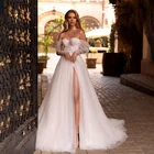 Модные кружевные пляжные свадебные платья с вырезом сердечком и аппликацией длинное ТРАПЕЦИЕВИДНОЕ ПЛАТЬЕ ИЗ ТЮЛЯ С Высоким Разрезом и открытыми плечами для невесты