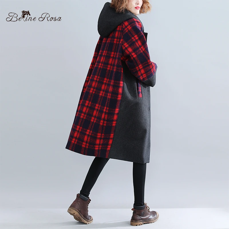 BelineRosa Англия Стиль Плед Зимнее Пальто Свободные Длинные Лоскутные Плюс Размер