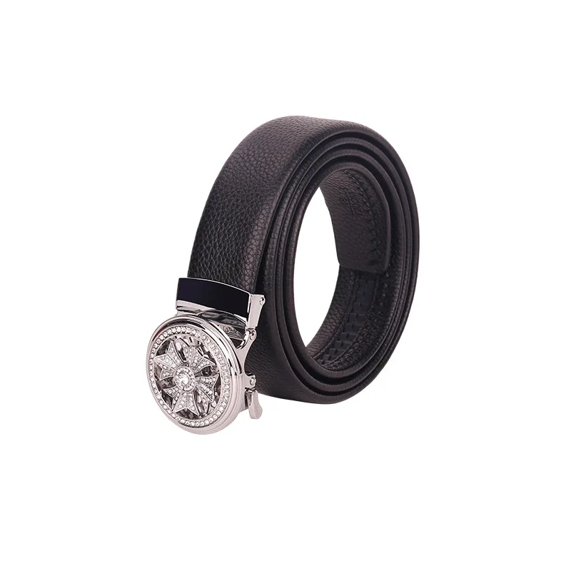 

2021 New Two-Layer Leather Belt Round Alloy Automatic Buckle Belt Fashion Rhinestone Decoration Men Woman Belt
