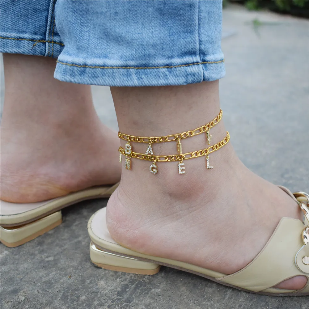 

Custom Zircon Name Anklets For Women Customized Stainless Steel Chain Anklet Bracelet Bohemian Letter Beach Foot Jewelry Gift