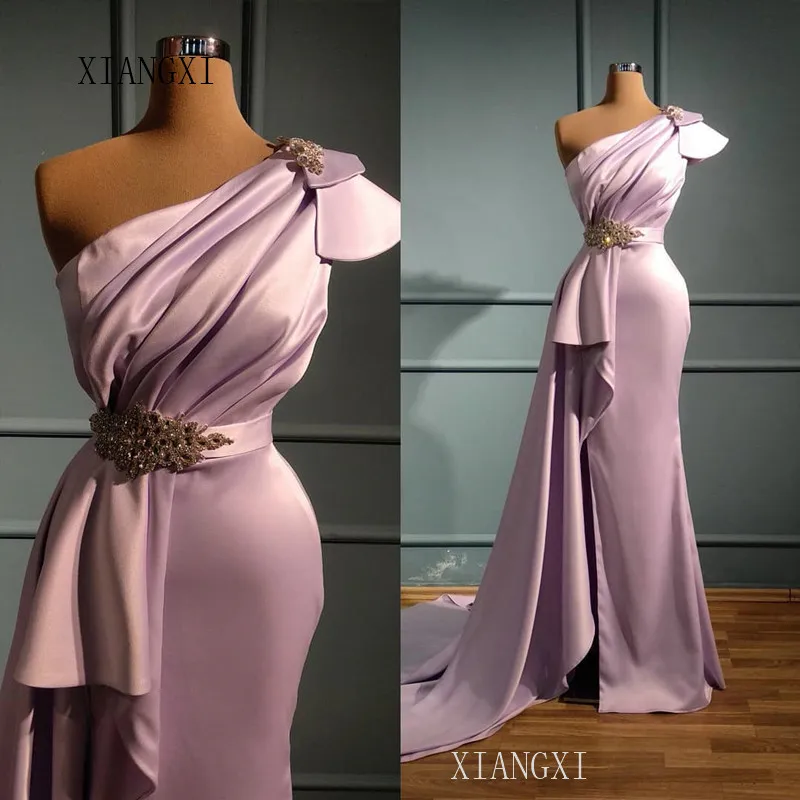 Вечерние платья XIANGXI 2020, вечернее платье-русалка, вечерние платья, атласное платье с одним открытым плечом и высоким разрезом, вечернее плат...