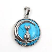 fysl silver plated moon and cat blue turquoises stone pendant green aventurine charm jewelry
