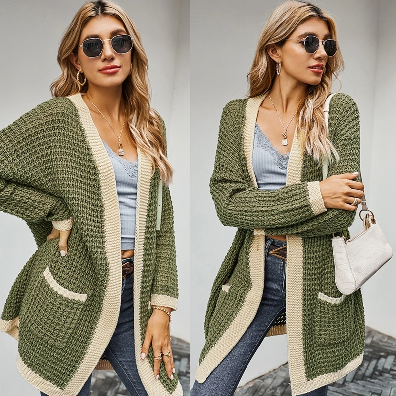 

Women Winter Long Sleeve Thicken Cardigan Chunky Crochet Knit Open Front V-Neck Sweater Coat Contrast Color Loose Mid-Length Out