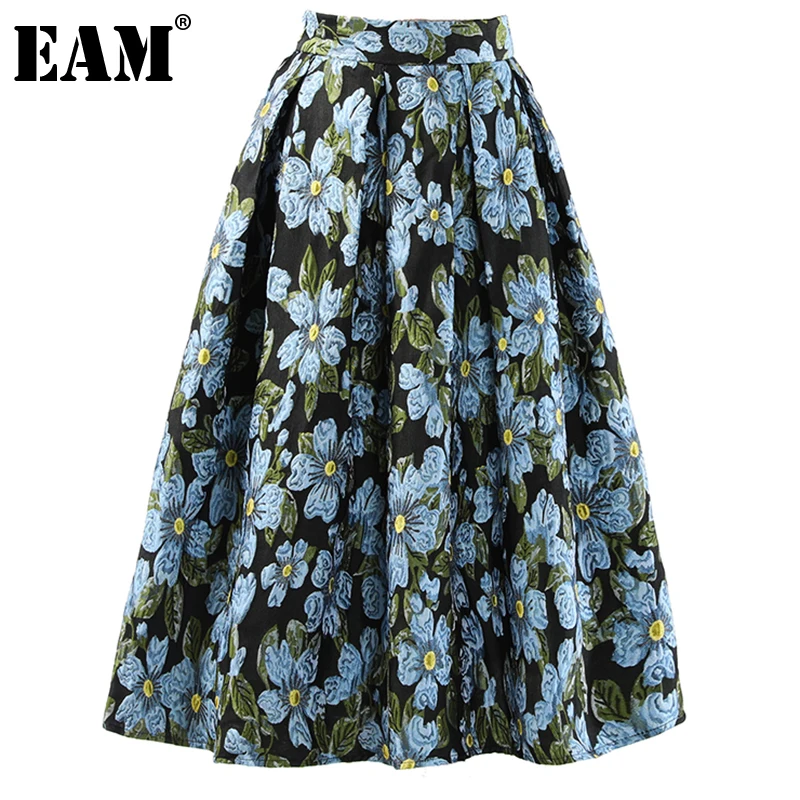 

[EAM] High Waist Blue Flower Pattern Printed A-line Vintage Half-body Skirt Women Fashion Tide New Spring Autumn 2022 1DE3882