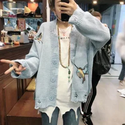 Новинка 2019 Женский вязаный хлопковый желтый свитер с вышивкой птицы Harajuku одежда