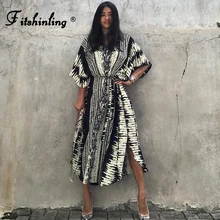 Fitshinling Bohemian Vintage Oversized Dress Women High Split Sexy Maxi Dresses Beach Cover Up Sashes Holiday Serpentine Kaftan