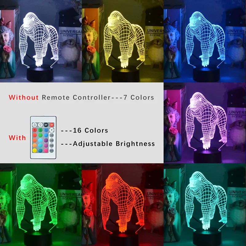 Светодиодный 3D USB-светильник orang0 0 Горилла шимпанзе 7 цветов изменение настроения